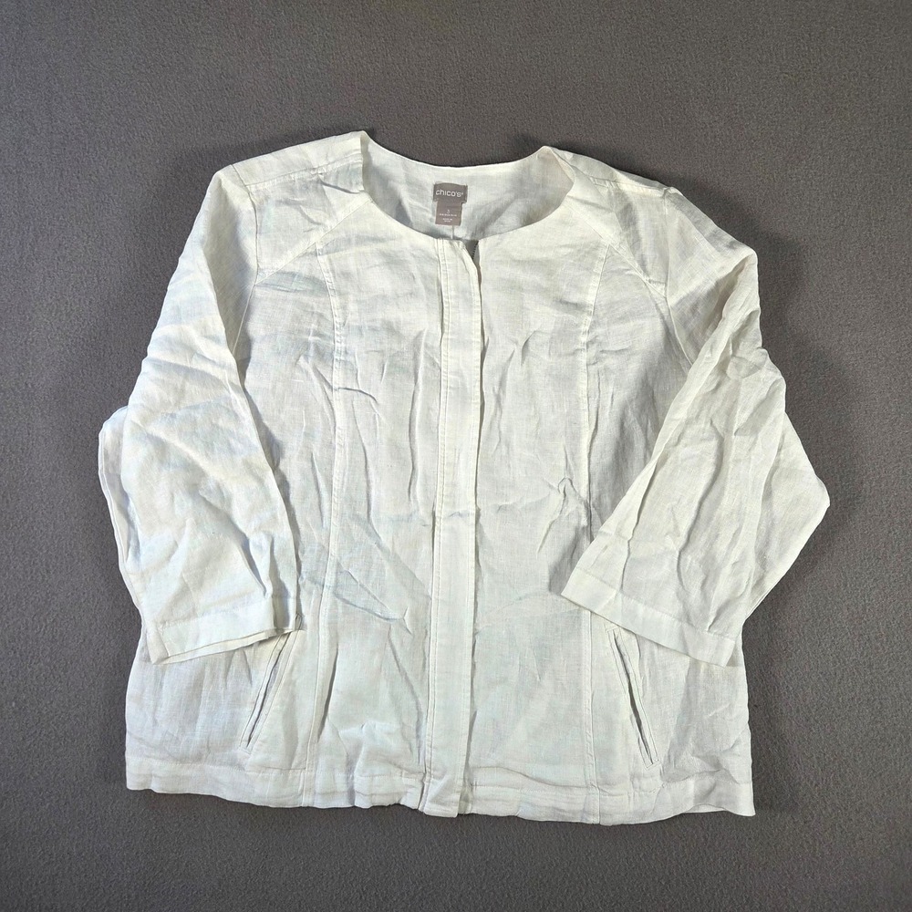 Chicos Jacket Womens 3 White Linen Full Zip Lightweight Coastal Lagenlock